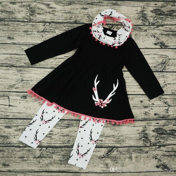 baby girls clothing sets christmas deer long sleeve tassel dress + printed pants+neckerchief 3pcs sets cartoon plum blossom outfits, White