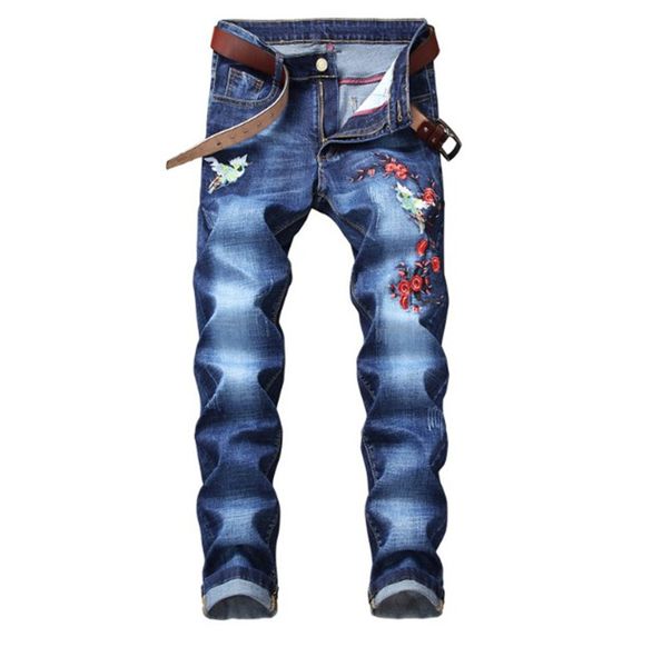 embroidery printed stretch mens jeans slim mens straight pants casual zipper fly stress style male trousers, Blue
embroidery printed stretch mens jeans slim mens straight pants casual zipper fly stress style male trousers, Blue