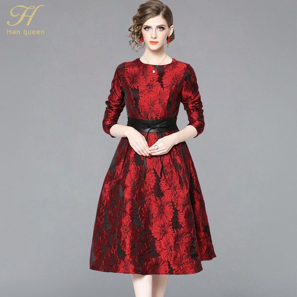 

h han queen 2019 spring vintage red jacquard dress big swing a-line elegant slim ladies women casual evening party dresses, Black;gray