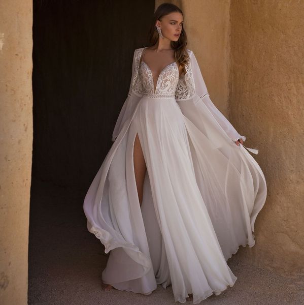 amazing a line lace beach wedding dresses deep v neck long sleeves jacket bridal gowns chiffon floor length side split robe de mariée, White
amazing a line lace beach wedding dresses deep v neck long sleeves jacket bridal gowns chiffon floor length side split robe de mariée, White
