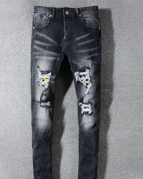 new mens designer jeans black slim fashion brand knee hole embroidery denim pants ripped distressed slim pencil pants motorcycle pants, Blue
new mens designer jeans black slim fashion brand knee hole embroidery denim pants ripped distressed slim pencil pants motorcycle pants, Blue