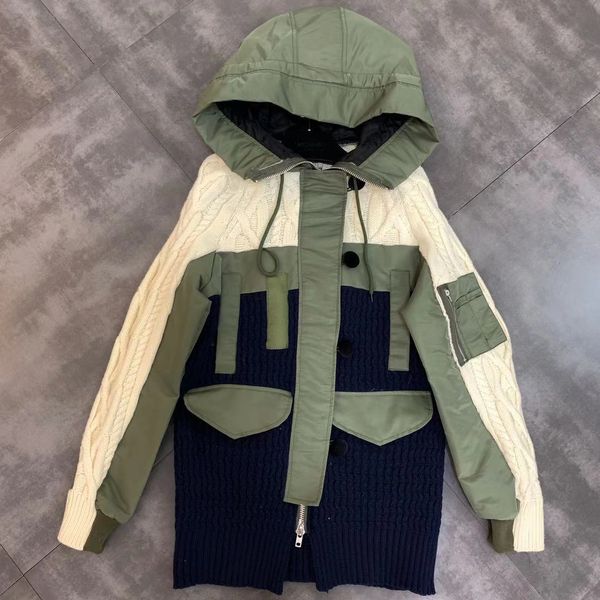 2019 new hooded long-sleeved woven knit stitching color matching coat female, Black
2019 new hooded long-sleeved woven knit stitching color matching coat female, Black