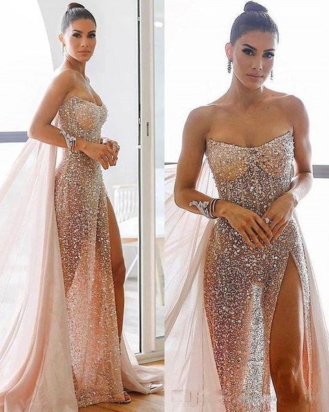high slit glitz prom dresses sequins beaded evening party gown strapless a line vestido de novia 2020 bc2857, Black
high slit glitz prom dresses sequins beaded evening party gown strapless a line vestido de novia 2020 bc2857, Black