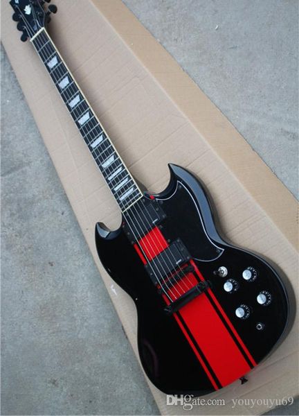 black body electric guitar red stripe pattern, fixed bridge, 2 emg pickups, black hardware, customizable
black body electric guitar red stripe pattern, fixed bridge, 2 emg pickups, black hardware, customizable
