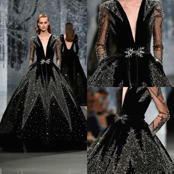 2020 luxury prom dresses ziad nakad beaded sequins crystal deep v neck velvet long sleeve evening gowns luxury formal dress party wear, Black
2020 luxury prom dresses ziad nakad beaded sequins crystal deep v neck velvet long sleeve evening gowns luxury formal dress party wear, Black