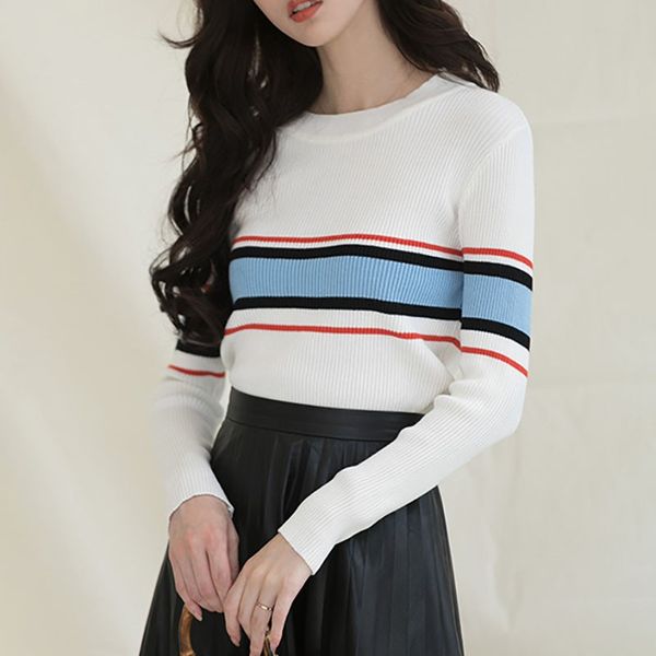 women bottoming sweater round neck long sleeve knitted pullover casual striped stitching sweater, White;black
women bottoming sweater round neck long sleeve knitted pullover casual striped stitching sweater, White;black