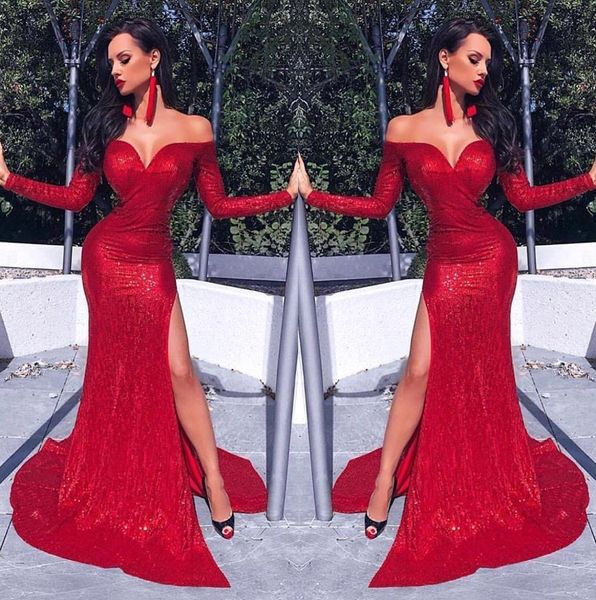 2019 red off the shoulder sequined mermaid long prom dresses long sleeves split floor length formal evening dresses robes de soirée bc0602, Black
2019 red off the shoulder sequined mermaid long prom dresses long sleeves split floor length formal evening dresses robes de soirée bc0602, Black