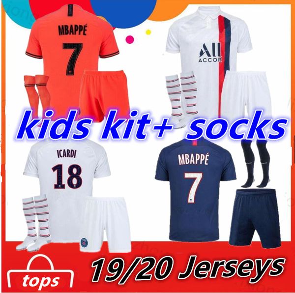 

kids kits + socks psg jerseys 2019 2020 maillot mbappe icardi soccer jersey 19 20 paris cavani verratti child football shirt sets uniform, Black