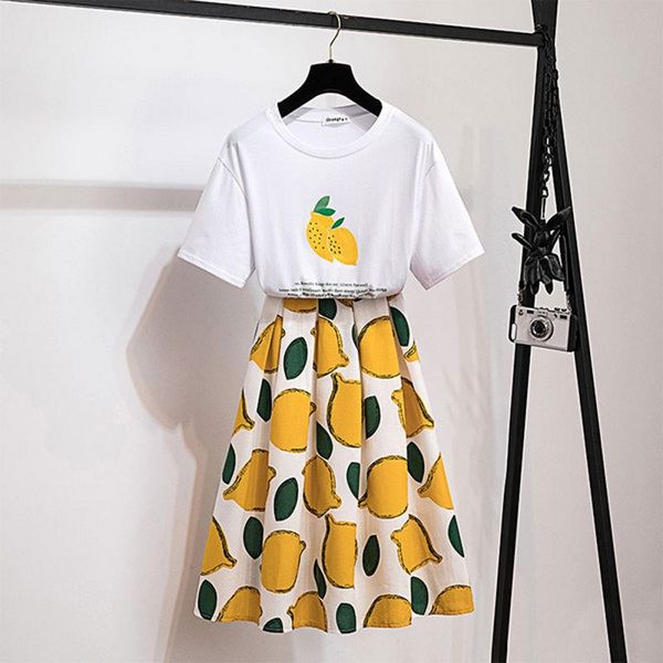 fashion 2pcs dress set women casual o-neck short sleeve lemon fruits print t shirt + midi skirt a-line skirt suits 2020 female, White
fashion 2pcs dress set women casual o-neck short sleeve lemon fruits print t shirt + midi skirt a-line skirt suits 2020 female, White