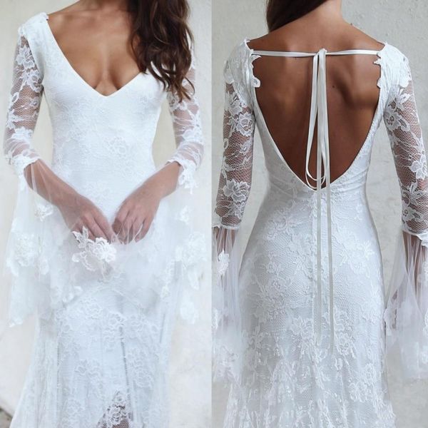 lace v neck beach bridal dress backless summer light wedding gowns long sleeves sweep train mermaid wedding dress, White
lace v neck beach bridal dress backless summer light wedding gowns long sleeves sweep train mermaid wedding dress, White