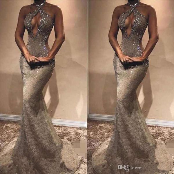 2019 charming halter evening dresses mermaid sleeveless lace beaded sweep train formal party dresses prom dresses for women, Black
2019 charming halter evening dresses mermaid sleeveless lace beaded sweep train formal party dresses prom dresses for women, Black