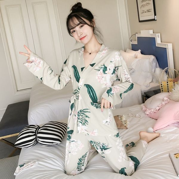 

milk silk print kimono pajama sets for women 2018 new spring autumn long sleeve pyjama sleepwear pijama lounge homewear clothing, Blue;gray