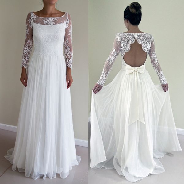 elegant beach wedding dresses lace chiffon long sleeve open back floor length bridal gown with bow, White
elegant beach wedding dresses lace chiffon long sleeve open back floor length bridal gown with bow, White