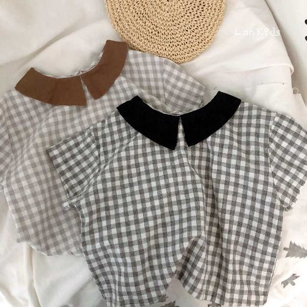 2020 korea style girls cotton plaid shirt summer short sleeve fashion girls blouse 2-7 years, White;black 
2020 korea style girls cotton plaid shirt summer short sleeve fashion girls blouse 2-7 years, White;black