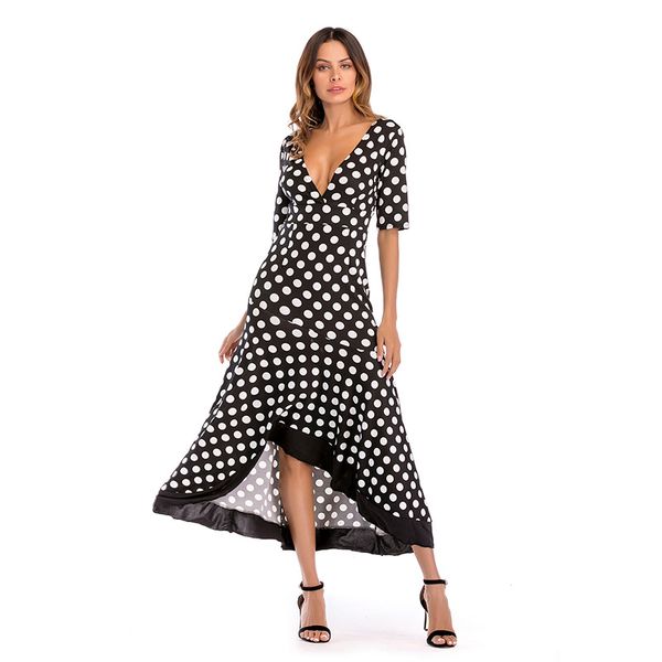 2019 women's irregular ruffled large size dress deep v-neck halter wave long dress vestido q316, Black;gray
2019 women's irregular ruffled large size dress deep v-neck halter wave long dress vestido q316, Black;gray