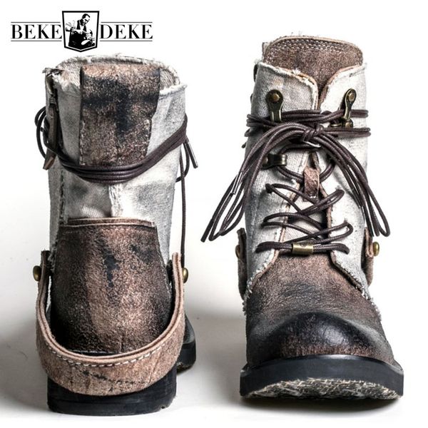 Top Quality Designer Vintage Cowhide Mens Ankle Boots Canvas Patchwork Genuine Leather Lace Up Breathable Casual Cargo Boots
Top Quality Designer Vintage Cowhide Mens Ankle Boots Canvas Patchwork Genuine Leather Lace Up Breathable Casual Cargo Boots