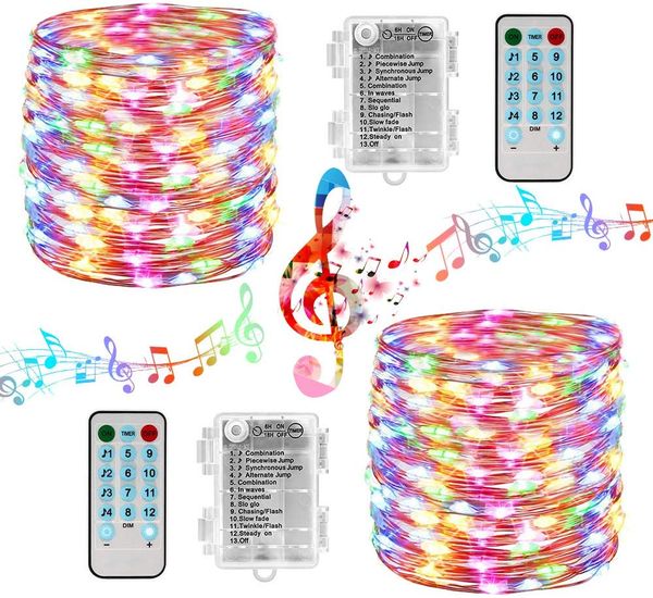 Music Sound Activated String Lights, 12 Modes 33ft 100 Led Battery Twinkle String Lights With Remote Timer For Christmas Wedding Party