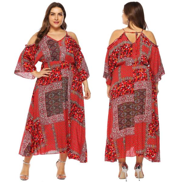 plus size long dress retro printed cotton comfortable sling strapless flared sleeves waist contraction for fat women's summer clothes 4, Black;gray
plus size long dress retro printed cotton comfortable sling strapless flared sleeves waist contraction for fat women's summer clothes 4, Black;gray