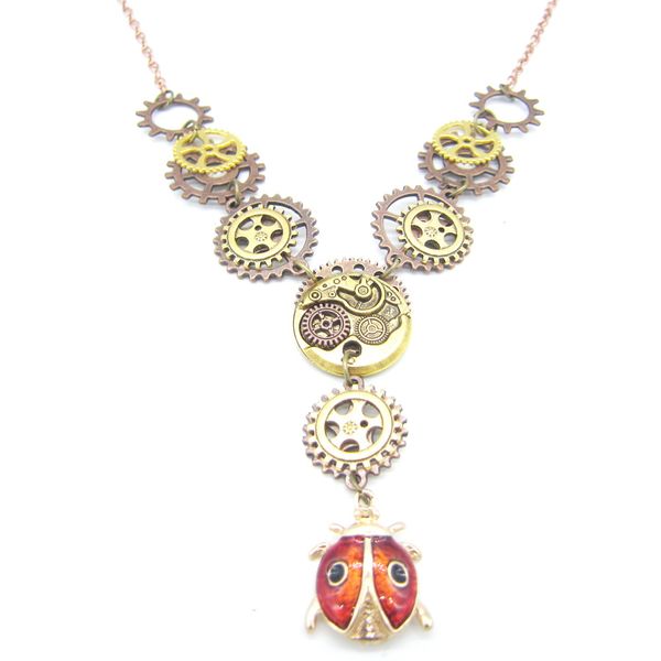 y shape golden ox mixed gears and smart red beatle drop vintage steampunk necklace, Silver
y shape golden ox mixed gears and smart red beatle drop vintage steampunk necklace, Silver
