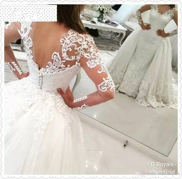 2019 elegant luxury long sleeve lace backless empire waist wedding dresses plus size mermaid nigeria vestido de casamento bridal gowns, White