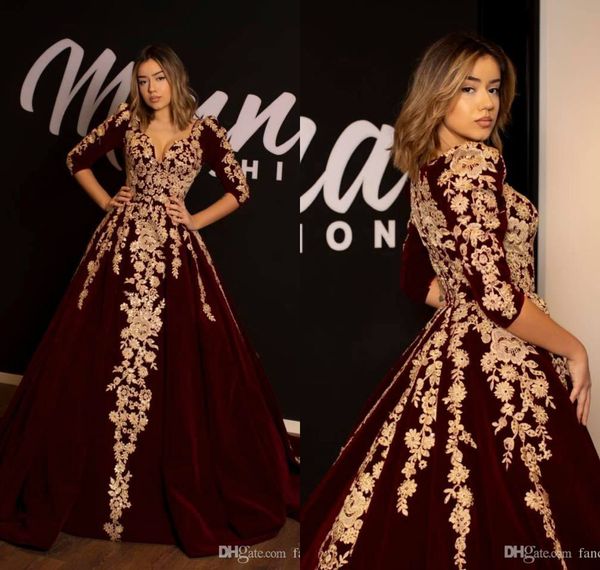 arabic burgundy prom dresses gold appliqued a line deep v neck 3/4 long sleeves evening dress velvet custom plus size party gowns, Black
arabic burgundy prom dresses gold appliqued a line deep v neck 3/4 long sleeves evening dress velvet custom plus size party gowns, Black