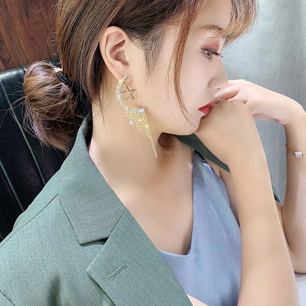 forseven delicate shining gold metal crystal moon star long tassel pendant drop earrings women girl party jewelry, Silver
forseven delicate shining gold metal crystal moon star long tassel pendant drop earrings women girl party jewelry, Silver