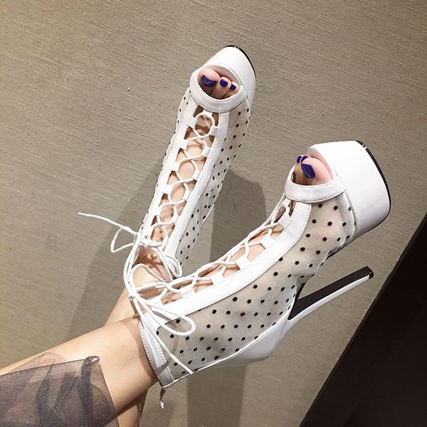 lace up fish mouth platform pumps high heels ladies shoes, Black