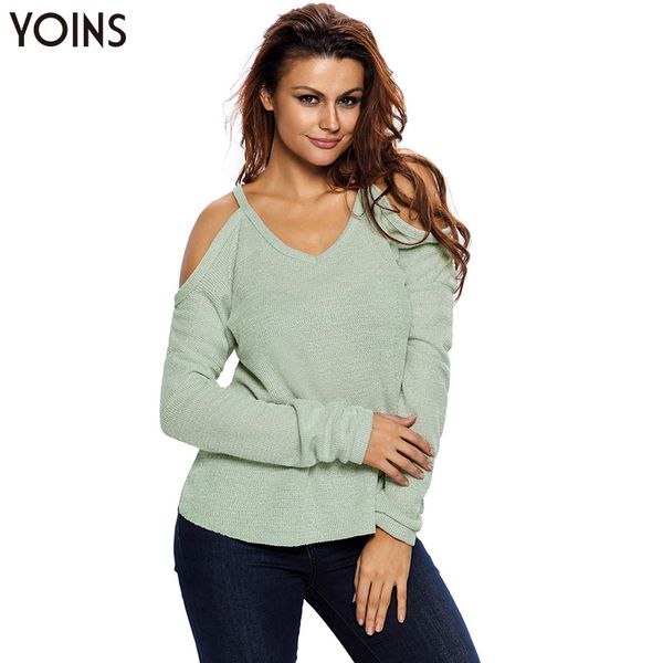 

yoins 2019 autumn winter clothes women cotton v neck cold shoulder jumper long sleeves loose female knitted sweaters solid, White;black