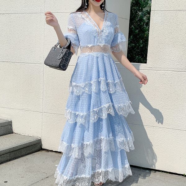 2020 lace patchwork ruffle trim polka blue summer long women dress women flare sleeve v neck fit and flare holidays ruffles layer cake dress, White;black
2020 lace patchwork ruffle trim polka blue summer long women dress women flare sleeve v neck fit and flare holidays ruffles layer cake dress, White;black