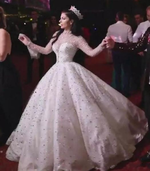 Lace Appliques Ball Gown Bridal Dress Major Beading Wedding Dresses High Sheer Neck Illusion Long Sleeves Wedding Gowns Sexy robe de mariée