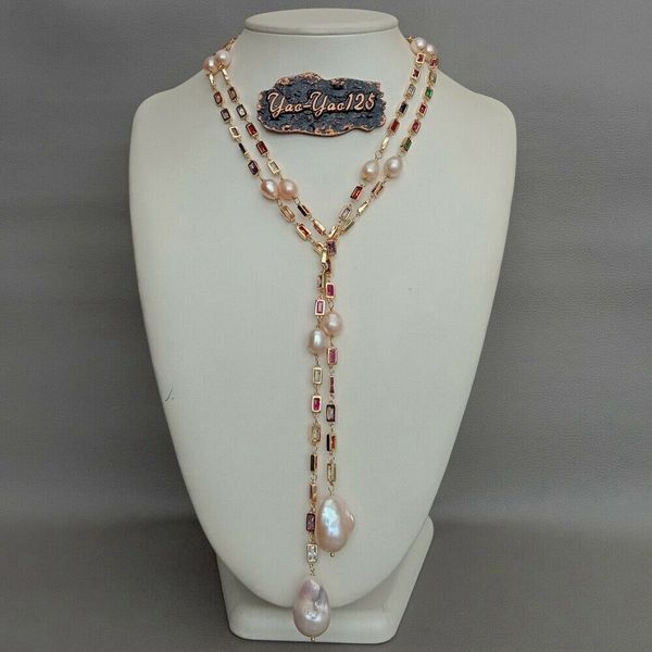 50" cultured pink keshi pearl mixed color rectangle cz pave long chain necklace, Silver
50" cultured pink keshi pearl mixed color rectangle cz pave long chain necklace, Silver