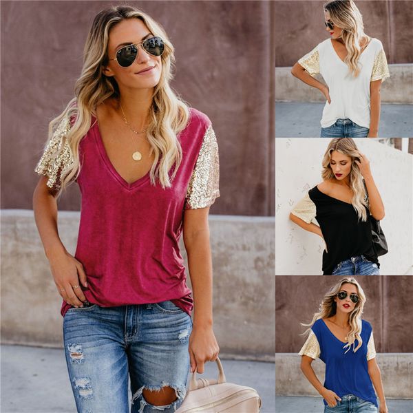 v neck womens designer tshirt summer fashion womens short sleeved sequined tshirt loose fashion womens apparel, White
v neck womens designer tshirt summer fashion womens short sleeved sequined tshirt loose fashion womens apparel, White