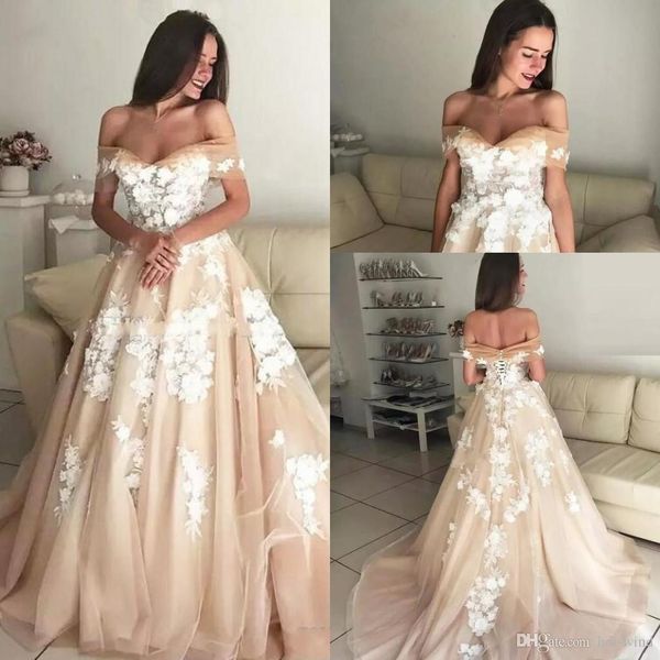 2019 champagne elegant wedding dresses off the shoulder sweetheart lace appliqued tulle bridal gowns with corset back long court train, White
2019 champagne elegant wedding dresses off the shoulder sweetheart lace appliqued tulle bridal gowns with corset back long court train, White