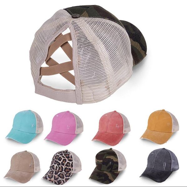 Ponytail Baseball Cap 18colors Criss Cross Washed Cotton Trucker Caps Summer Snapback Hat Sport Hip Hop Visor Ooa8095