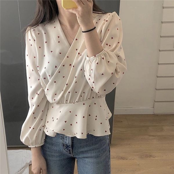 heart printed slim waist women blouses shirts chic v-neck ruffles female shirts casual full sleeve women blusas, White
heart printed slim waist women blouses shirts chic v-neck ruffles female shirts casual full sleeve women blusas, White