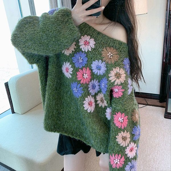 nicemix pull femme floral embroidery pullovers women sweater 2020 strapless bat knitted green causal loose knitwear, White;black
nicemix pull femme floral embroidery pullovers women sweater 2020 strapless bat knitted green causal loose knitwear, White;black