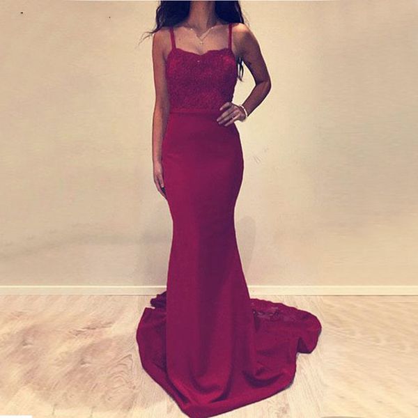 long simple evening dress sweep train mermaid spaghetti strap lace elastic satin red prom gown 2019 women occasion dresses, Black;red
long simple evening dress sweep train mermaid spaghetti strap lace elastic satin red prom gown 2019 women occasion dresses, Black;red