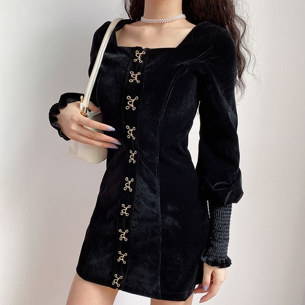 women court style dress square collar bubble sleeve hepburn temperament velvet high waist slim-fit black dress, Black;gray
women court style dress square collar bubble sleeve hepburn temperament velvet high waist slim-fit black dress, Black;gray