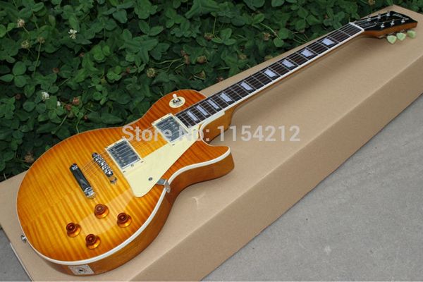 promotion 1959 vos r9 flame maple amber sunburst electric guitar, mahogany body, chrome hardware, white pearl inlay
promotion 1959 vos r9 flame maple amber sunburst electric guitar, mahogany body, chrome hardware, white pearl inlay