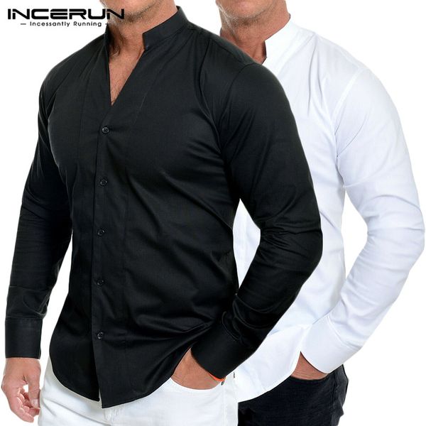 men elegant solid color long sleeve stand collar dress shirt casual joker button slim fitness mens blouse incerun streetwear, White;black
men elegant solid color long sleeve stand collar dress shirt casual joker button slim fitness mens blouse incerun streetwear, White;black