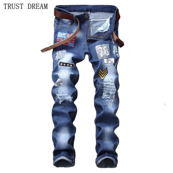 2019 new man slim print fashion jeans ripped holes men patchwork spliced paint denim pants male streetwear club quality trousers, Blue
2019 new man slim print fashion jeans ripped holes men patchwork spliced paint denim pants male streetwear club quality trousers, Blue