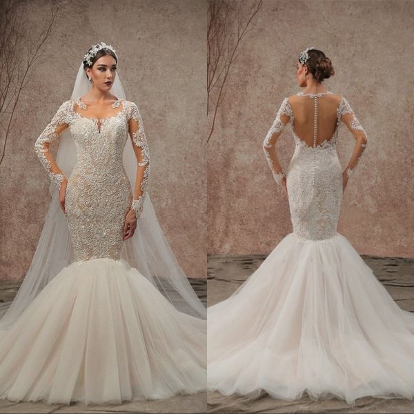 vintage lace applique beads country mermaid wedding dresses modest boat neck full sleeves backless fishtail bridal gowns, White
vintage lace applique beads country mermaid wedding dresses modest boat neck full sleeves backless fishtail bridal gowns, White