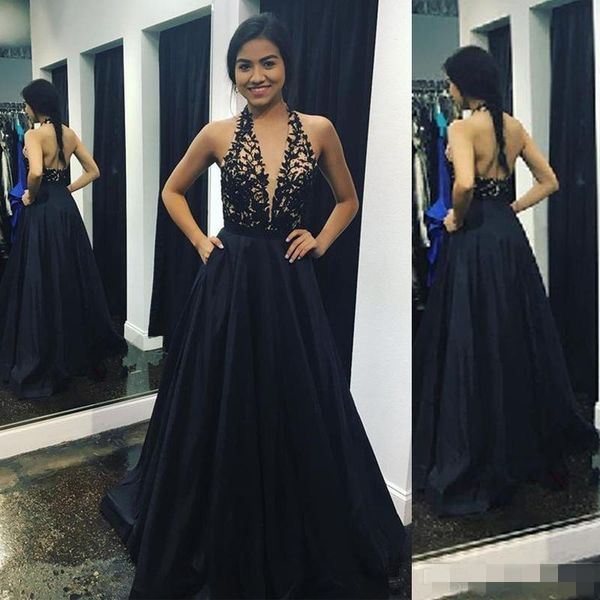 2019 navy blue satin prom dresses with pocket lace applique halter backless long formal occasion wear evening party gowns, Black
2019 navy blue satin prom dresses with pocket lace applique halter backless long formal occasion wear evening party gowns, Black