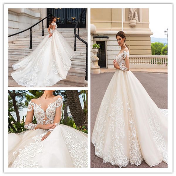 long sleeves elegant luxury a-line wedding dresses 2019 lace appliques backless modern chapel train bridal gowns, White
long sleeves elegant luxury a-line wedding dresses 2019 lace appliques backless modern chapel train bridal gowns, White