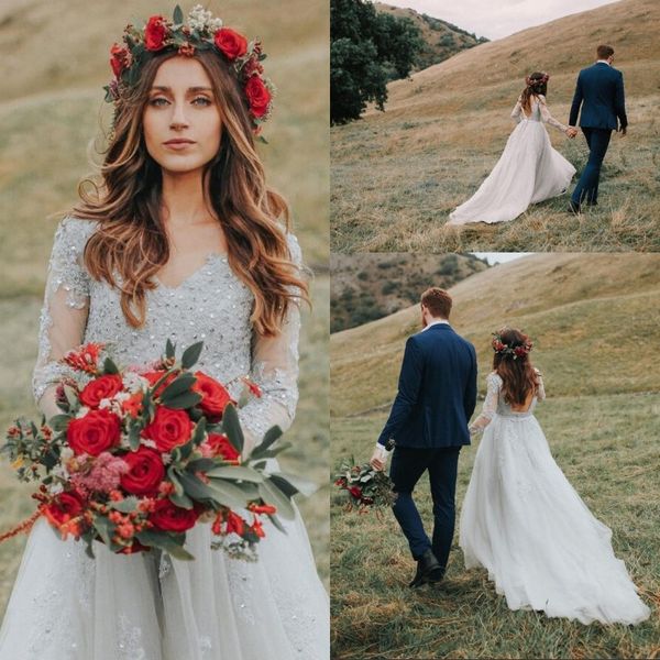 modest v neck backless tulle a line wedding dress lace sequined long sleeve sweep train bohemian bridal gowns custom made, White 
modest v neck backless tulle a line wedding dress lace sequined long sleeve sweep train bohemian bridal gowns custom made, White