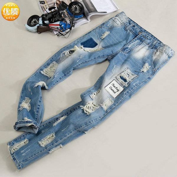 men's jeans mens hole with letter patchwork, Blue
