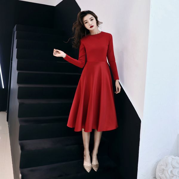 long sleeves satin cocktail dresses 2020 simple red midi party dress tea length women evening gowns, Black
long sleeves satin cocktail dresses 2020 simple red midi party dress tea length women evening gowns, Black