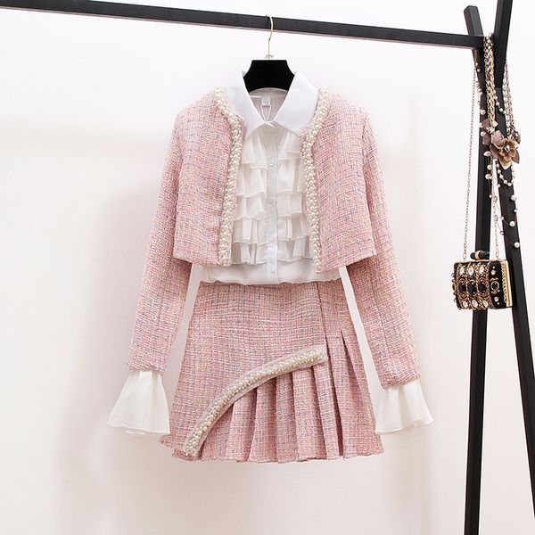 new autumn winter fashion ladies suits elegant ruffles white blouses + beaded short jackets + tweeds mini skirts women 3 pcs set
new autumn winter fashion ladies suits elegant ruffles white blouses + beaded short jackets + tweeds mini skirts women 3 pcs set