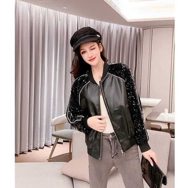 sequined patchwork women pu jacket pocket zipper faux leather coat o-neck autumn new fashion outwear, Black
sequined patchwork women pu jacket pocket zipper faux leather coat o-neck autumn new fashion outwear, Black