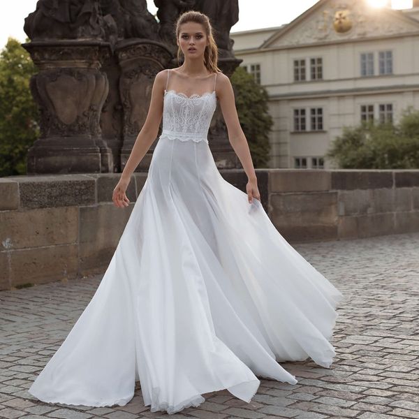 a line lace beach wedding dresses spaghetti straps neck bohemian tulle sweep train country style bridal gowns, White
a line lace beach wedding dresses spaghetti straps neck bohemian tulle sweep train country style bridal gowns, White